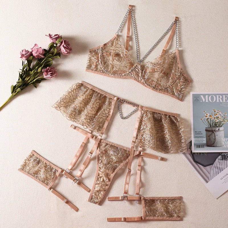 Seductive Lace & Chain Garter Set: Sensual Bra, Belly Chain & G-String Set