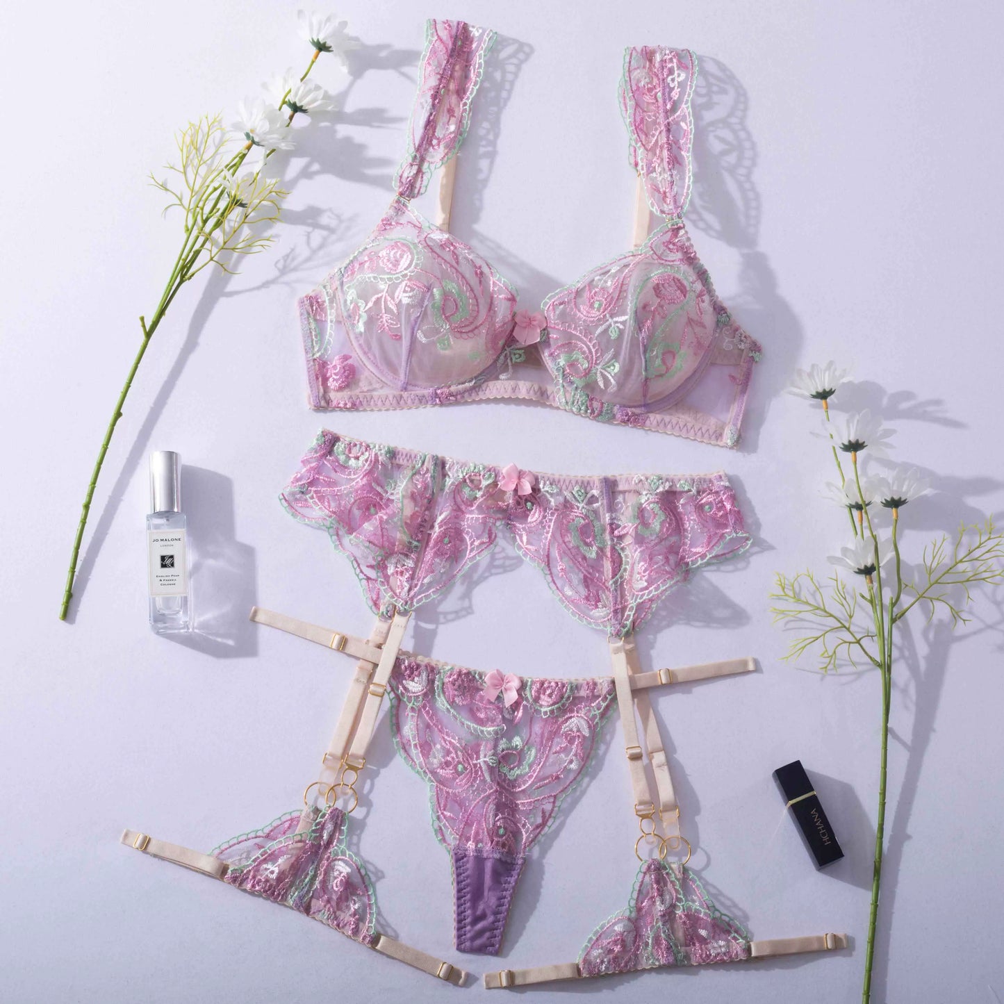 Love in Lace: Floweral Embroidery Lace, Bra & Panty Set 3 Pc.
