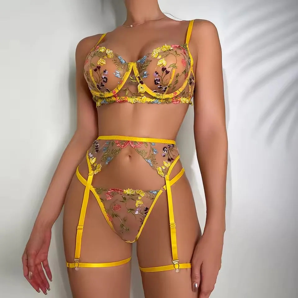 Sunshine Temptation: Yellow Transparent Embroidery 3-Piece Garters 🌸 💕