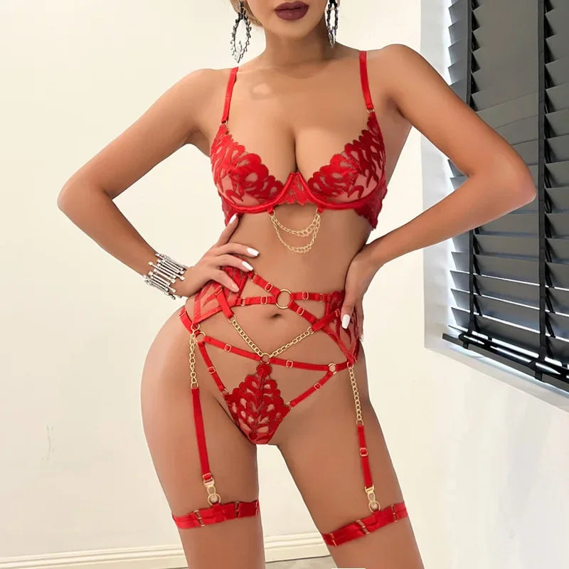 Crimson Temptation: Red Push-Up Bra with Chains & 3-Piece Garter Set for Fantasy Desire