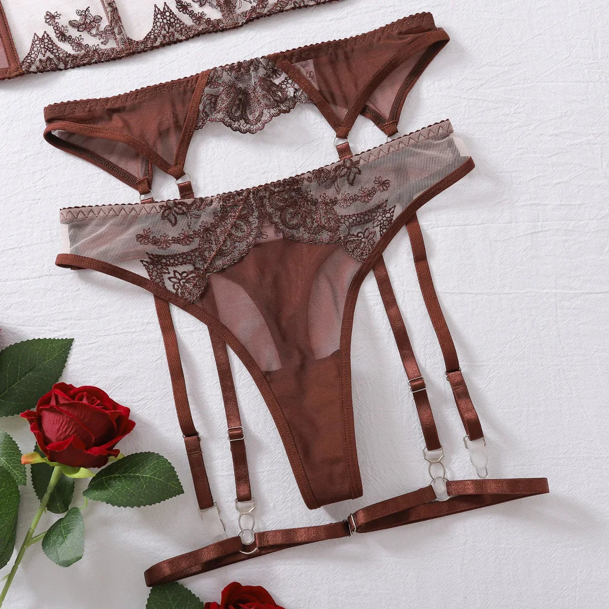 Cinnamon Seduction: Brown 3-Piece Bra, Panty & Garter Set