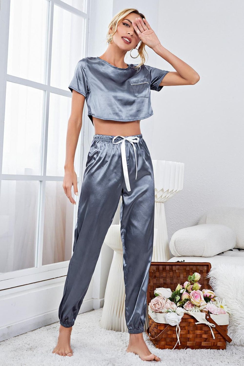 Satin Crop Top & Joggers Lounge Set