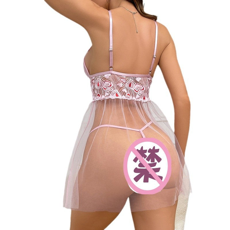 Blush of Desire: The Pink Lace & Mesh Cross-Strap Sleeping Set