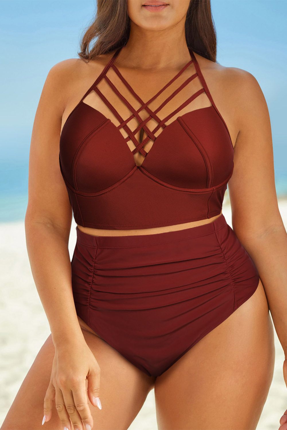 Siren's Allure: Plus Size Crisscross Neck Two-Piece High Waist Swimsuit