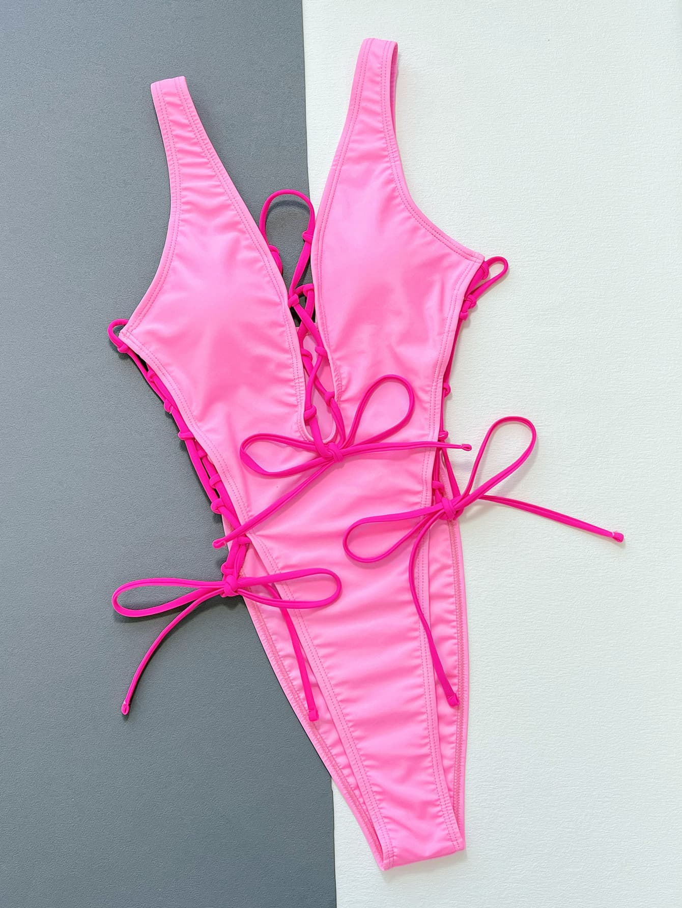 Pink Lace-Up Deep V Swimsuit