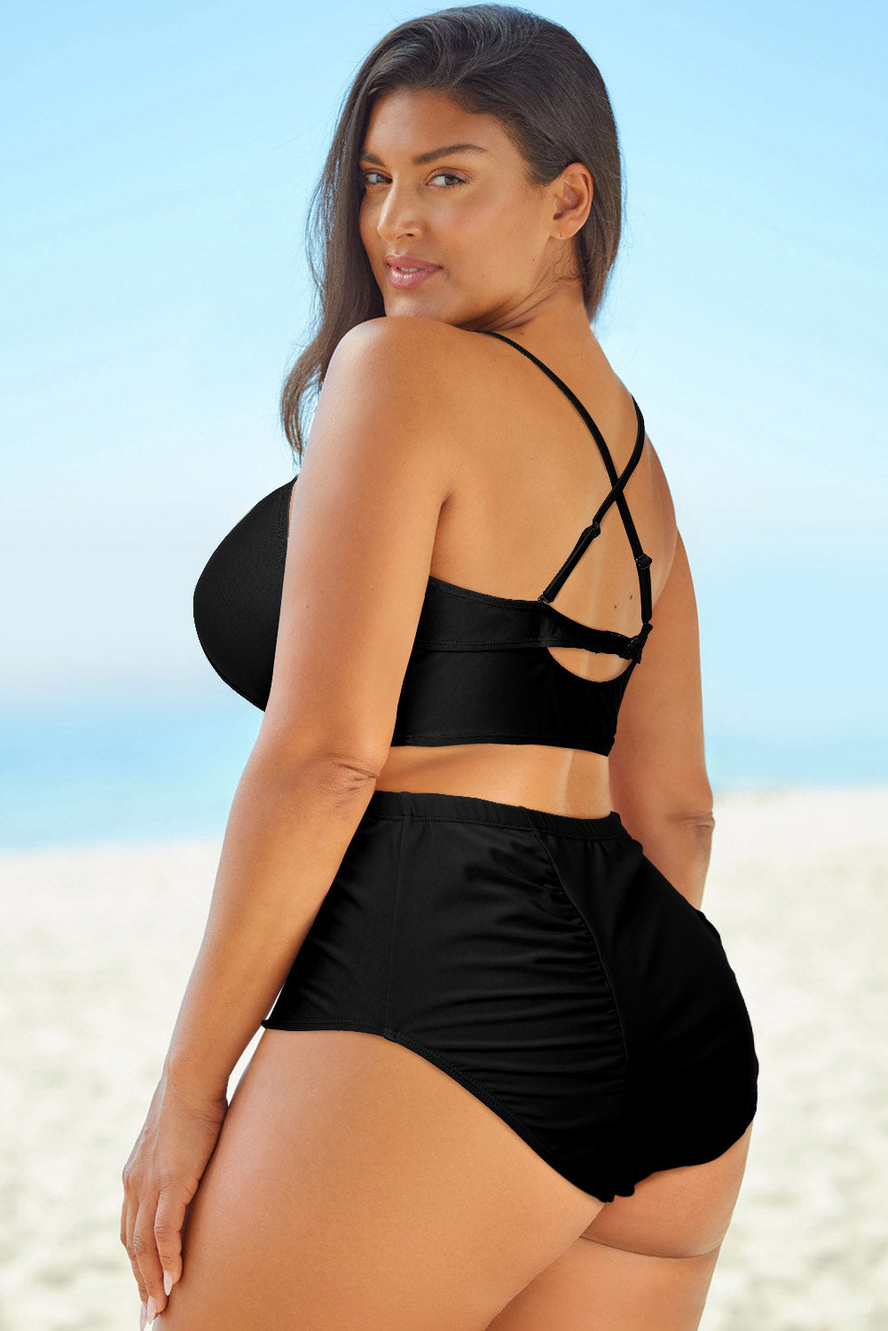 Siren's Allure: Plus Size Crisscross Neck Two-Piece High Waist Swimsuit