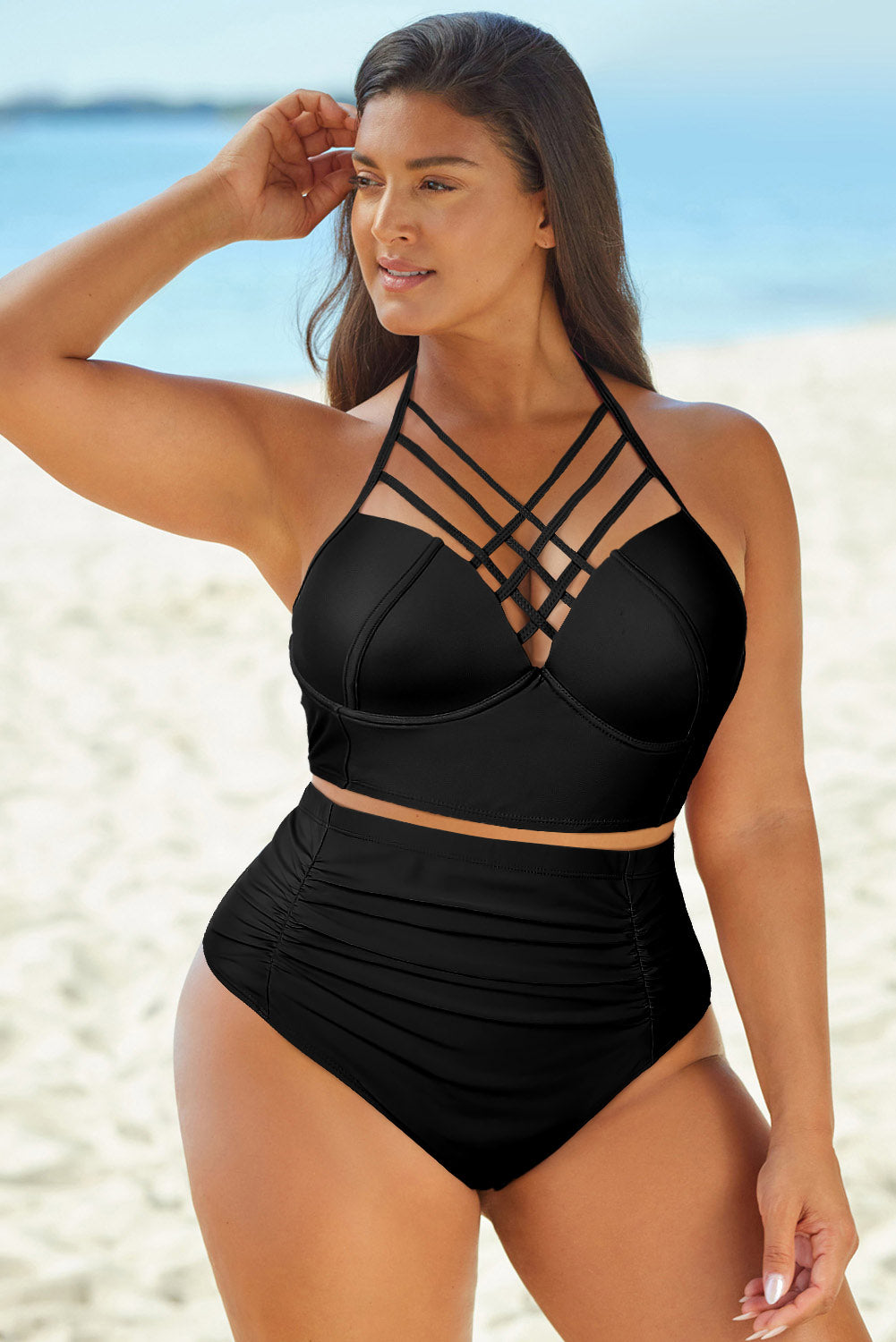 Siren's Allure: Plus Size Crisscross Neck Two-Piece High Waist Swimsuit