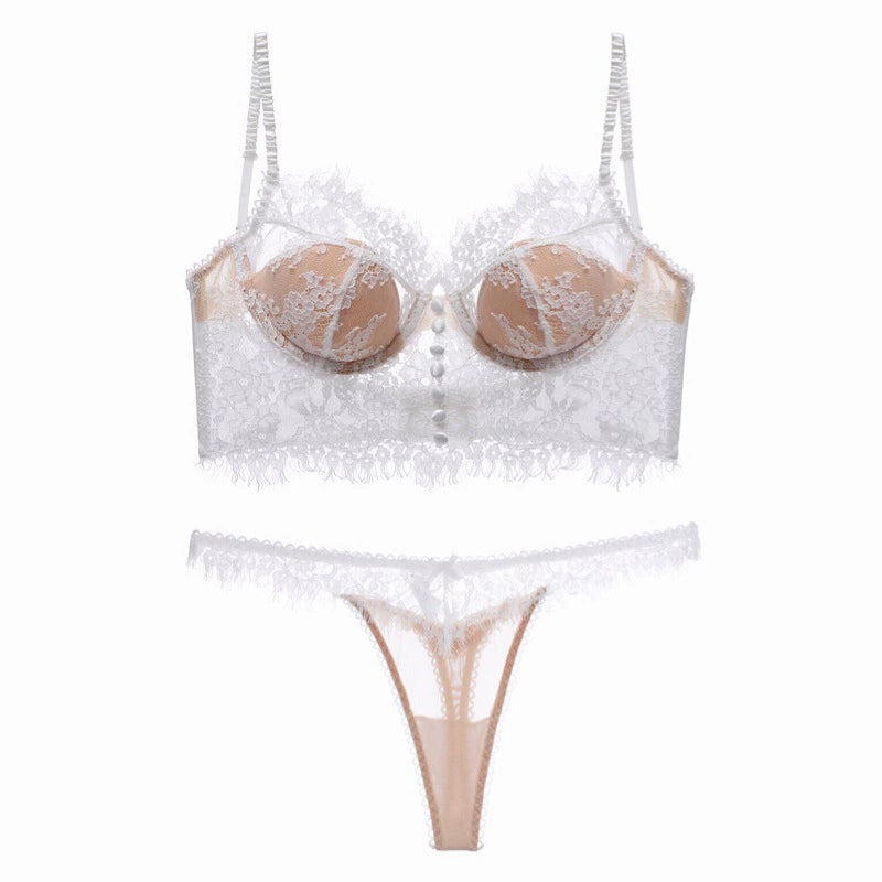 Seductive Elegance: Lace Eyelash Push-Up Bra & Sling Thong Set