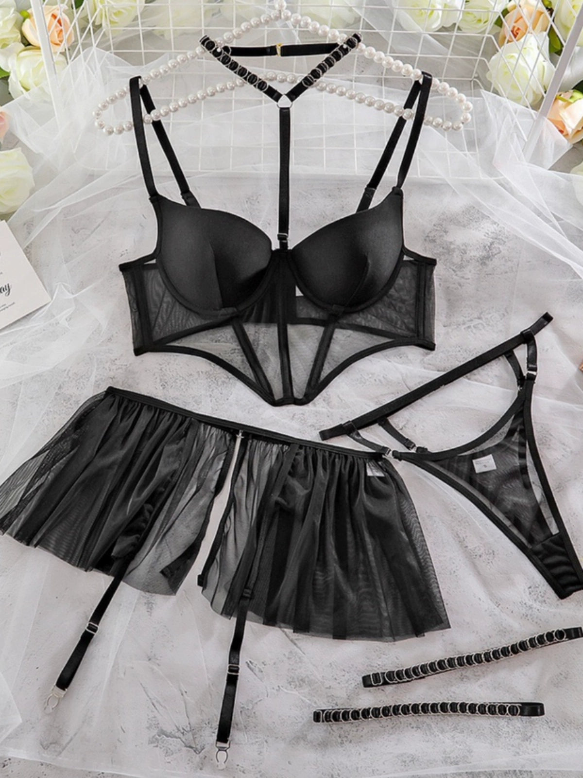 Seductive Siren: Black Corset, Bra & Skirt 3-Piece Set