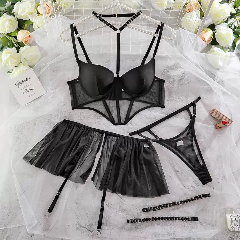 Seductive Siren: Black Corset, Bra & Skirt 3-Piece Set