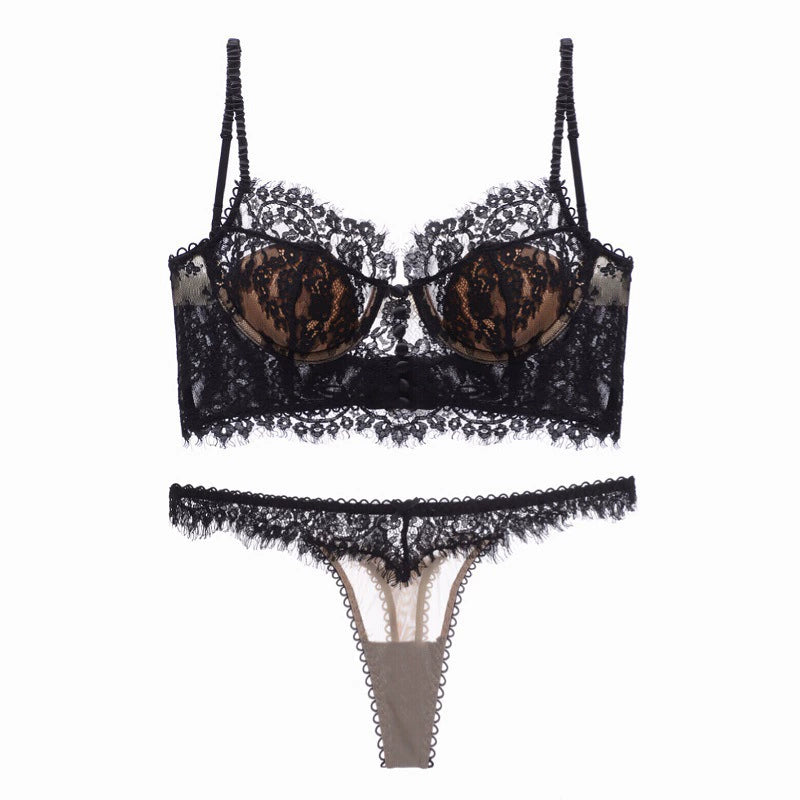 Seductive Elegance: Lace Eyelash Push-Up Bra & Sling Thong Set