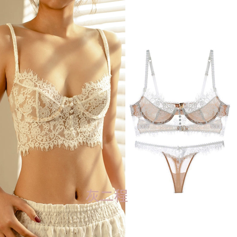 Seductive Elegance: Lace Eyelash Push-Up Bra & Sling Thong Set