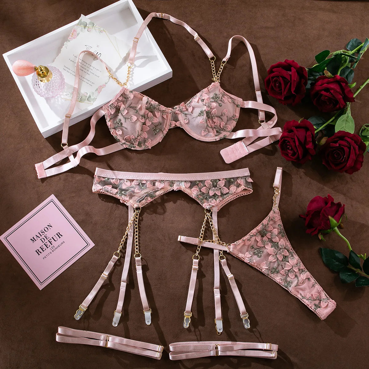 Floral Fetish: Embroidered Flower & Sexy Chain Lingerie Set 4pc. 🌺🌷