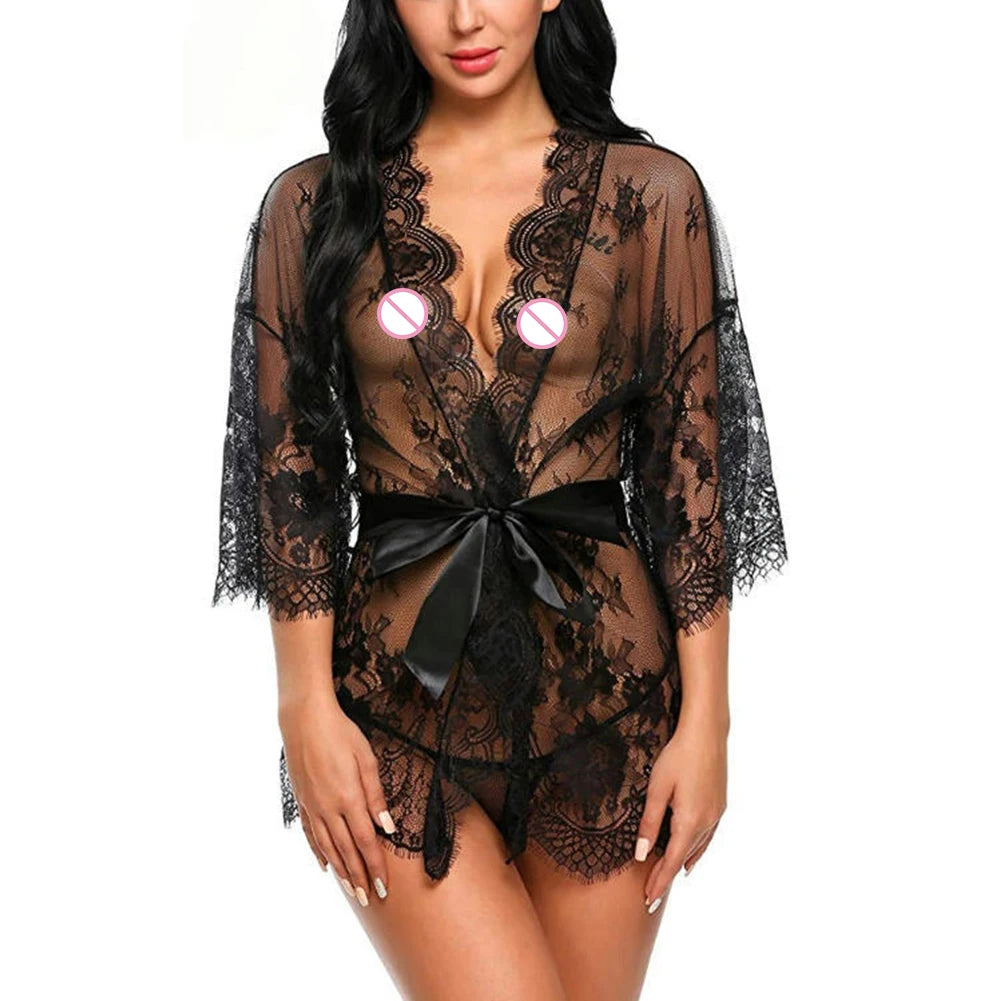 Floral Fantasy: Lace Mini Robe with Embroidered Elegance