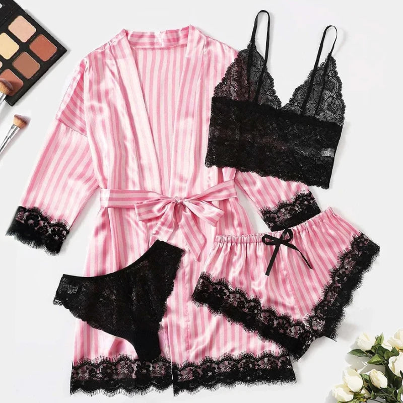 Sweet Dreams, Sweet Love: Pink Satin Silk 4-Piece Pajama Set