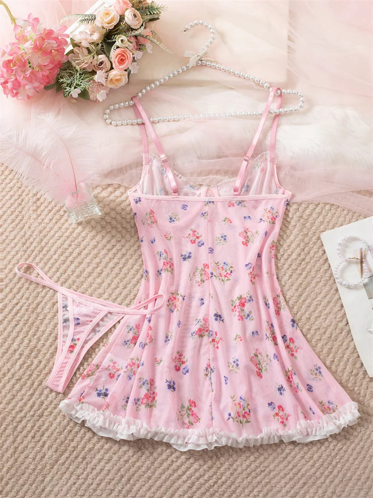 Fairy Blossom: Flirty Pink Floral Nighty  2 pc. 🌼🧚‍♂️