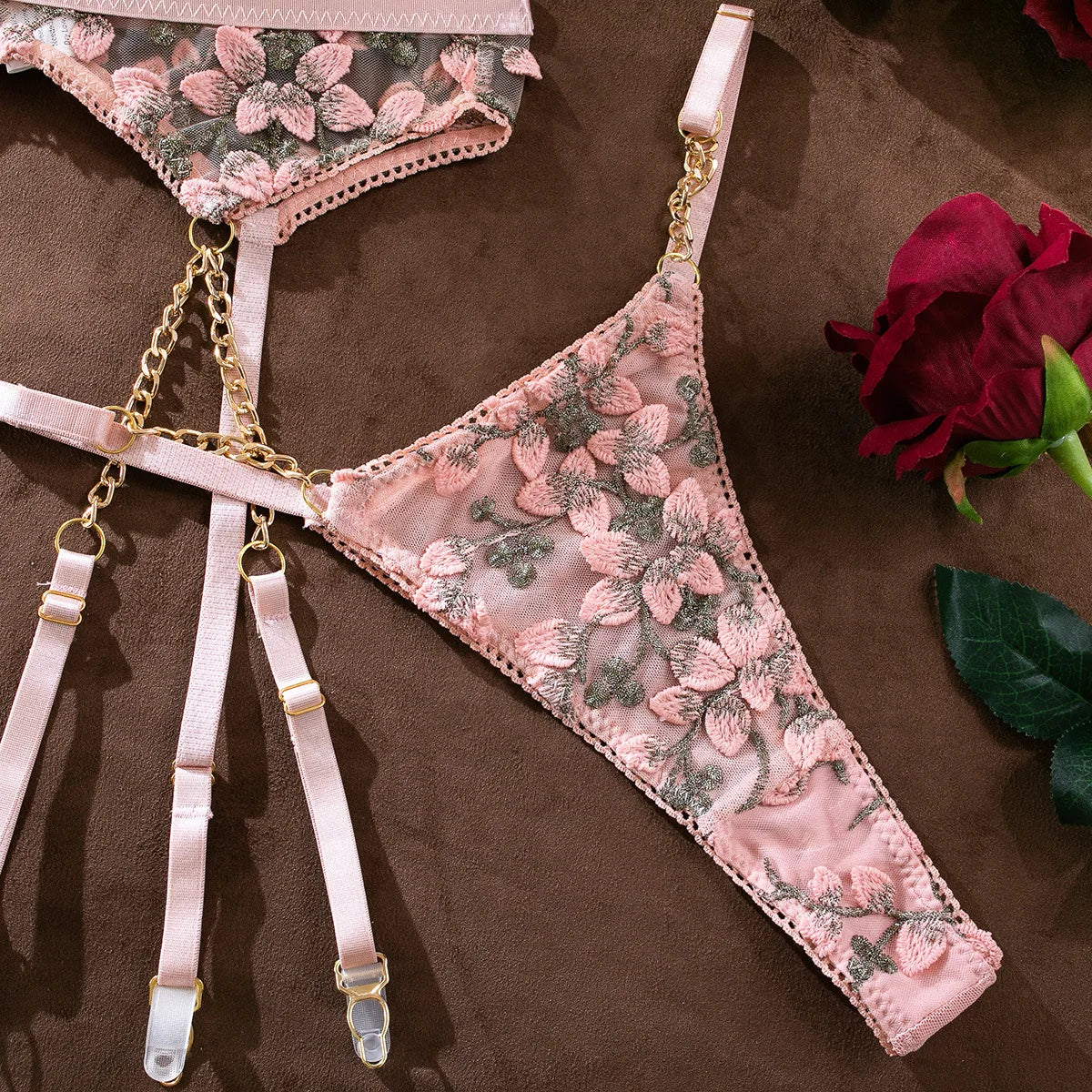 Floral Fetish: Embroidered Flower & Sexy Chain Lingerie Set 4pc. 🌺🌷