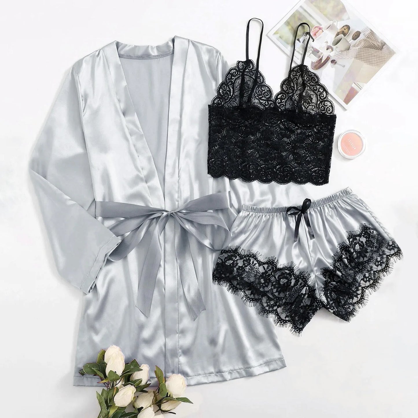 Velvet Night: Silk Pajamas & Robe Set for Irresistible Allure