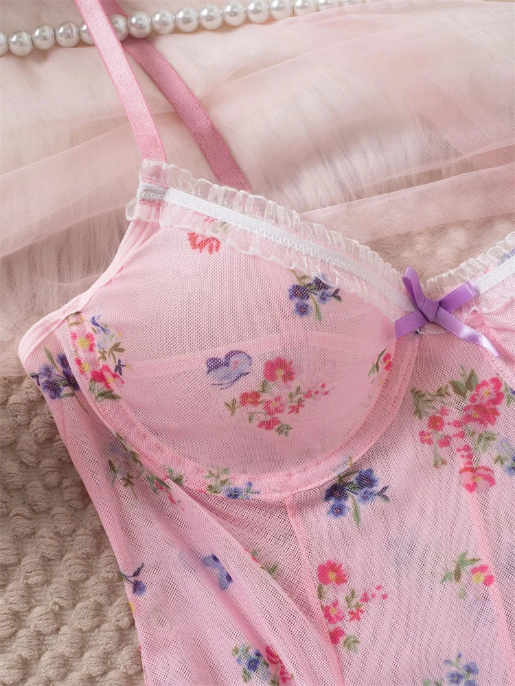 Fairy Blossom: Flirty Pink Floral Nighty  2 pc. 🌼🧚‍♂️