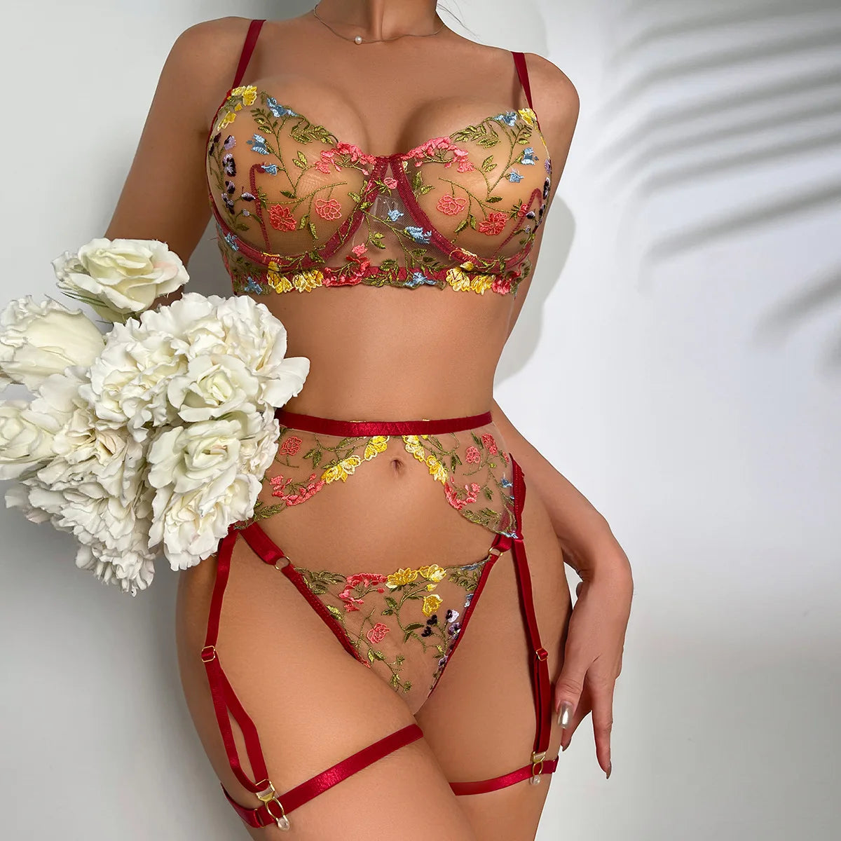 Sunshine Temptation: Yellow Transparent Embroidery 3-Piece Garters 🌸 💕