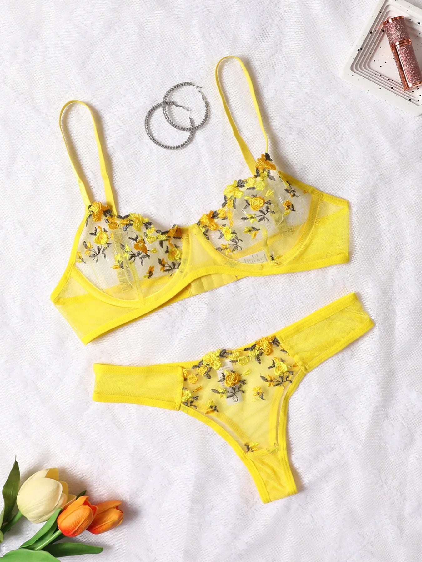 Sun-Kissed Seduction: Yellow Summer Embroidered Two-Piece Lingerie Set ☀🌻