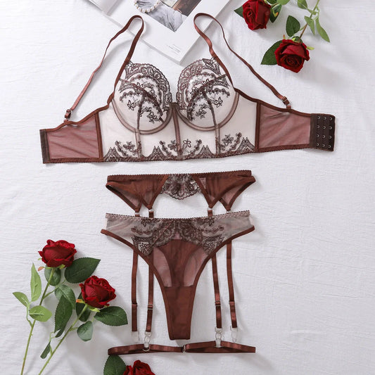 Cinnamon Seduction: Brown 3-Piece Bra, Panty & Garter Set