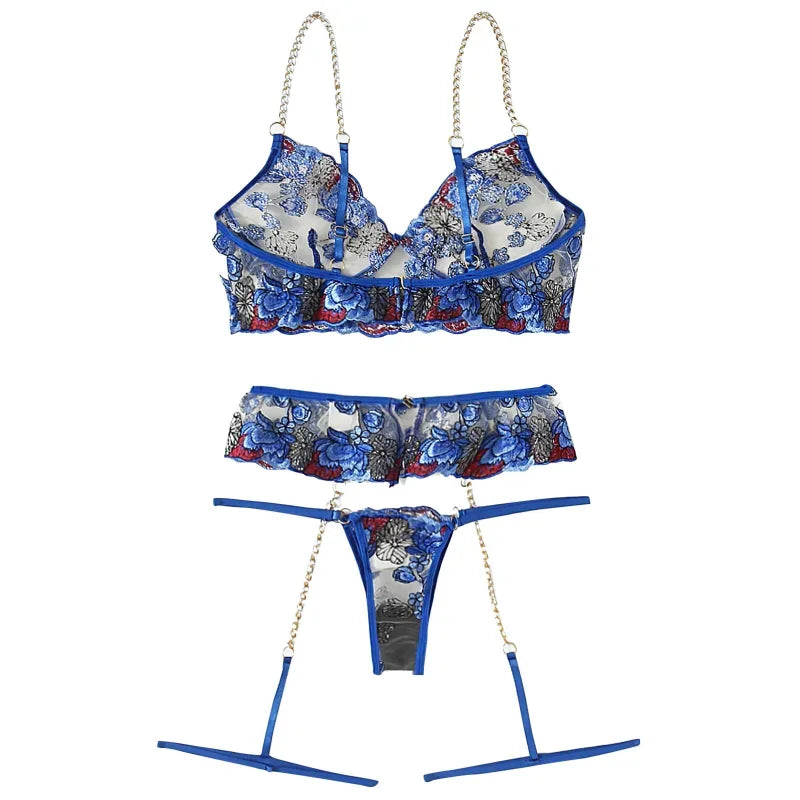 Floral Temptation: 3-Piece Blue Embroidery Bralette, G-String & Garter Belt Set