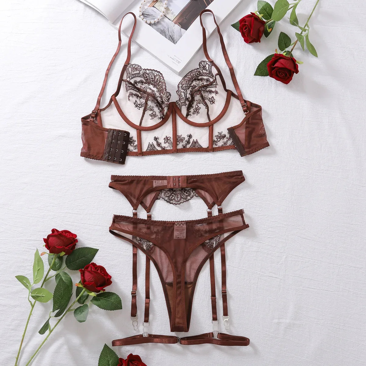 Cinnamon Seduction: Brown 3-Piece Bra, Panty & Garter Set