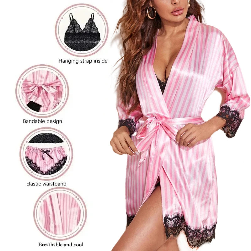 Sweet Dreams, Sweet Love: Pink Satin Silk 4-Piece Pajama Set