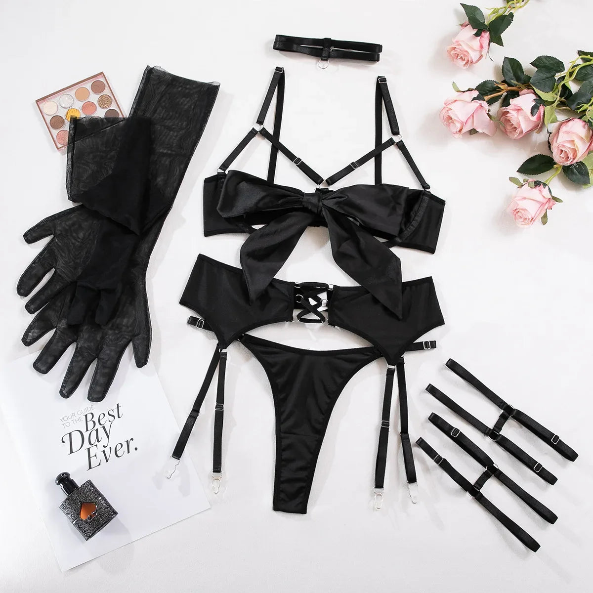 Rebel Temptation: Sexy Bandage Hollow-Out Lingerie Set with Long Gloves