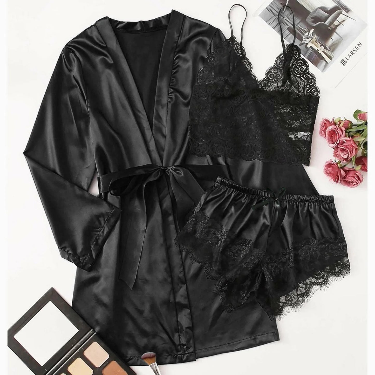 Velvet Night: Silk Pajamas & Robe Set for Irresistible Allure