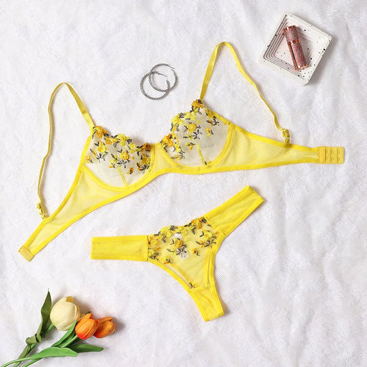 Sun-Kissed Seduction: Yellow Summer Embroidered Two-Piece Lingerie Set ☀🌻