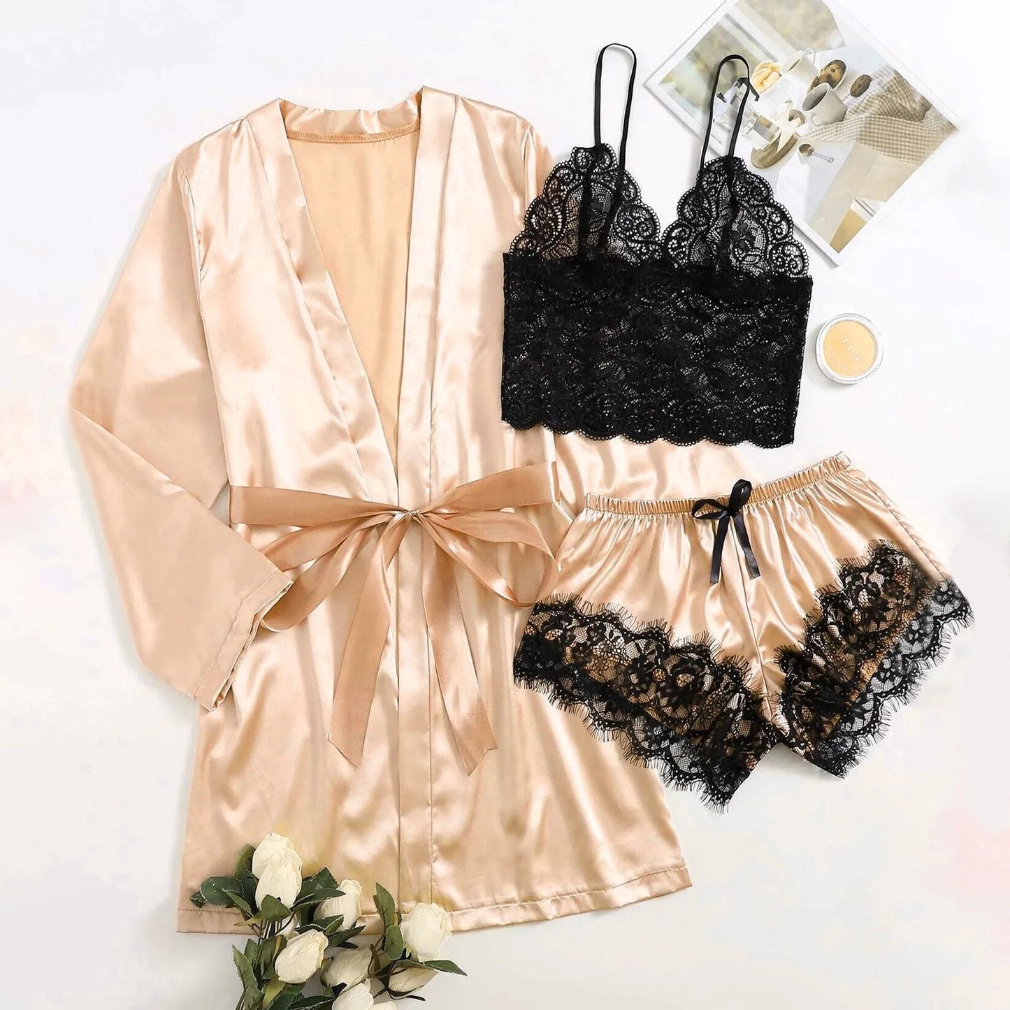 Velvet Night: Silk Pajamas & Robe Set for Irresistible Allure