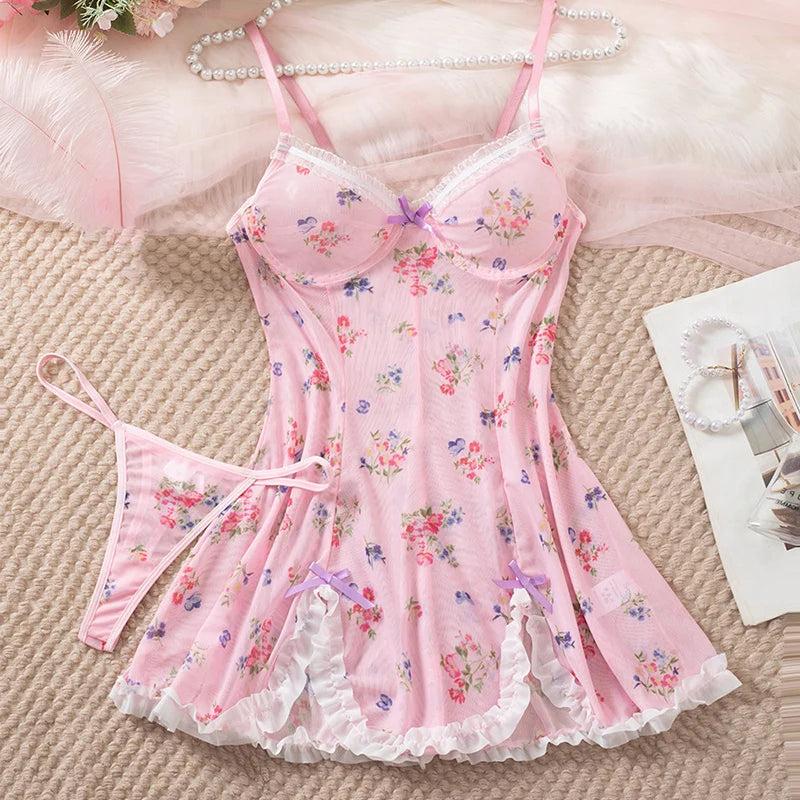 Fairy Blossom: Flirty Pink Floral Nighty  2 pc. 🌼🧚‍♂️