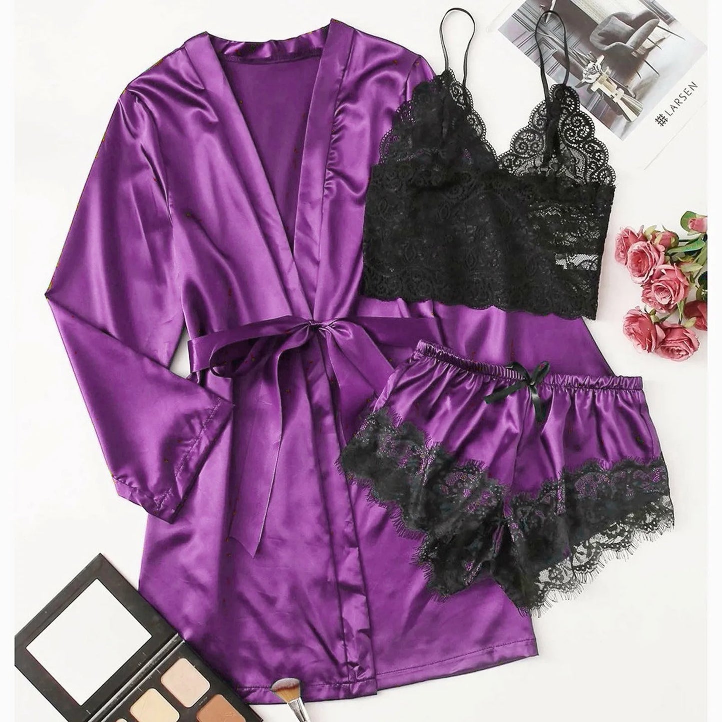 Velvet Night: Silk Pajamas & Robe Set for Irresistible Allure