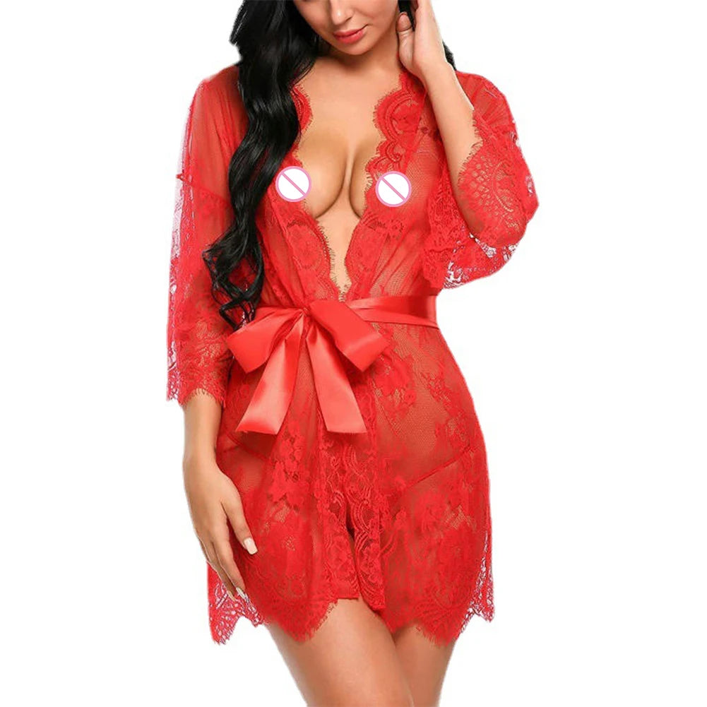 Floral Fantasy: Lace Mini Robe with Embroidered Elegance