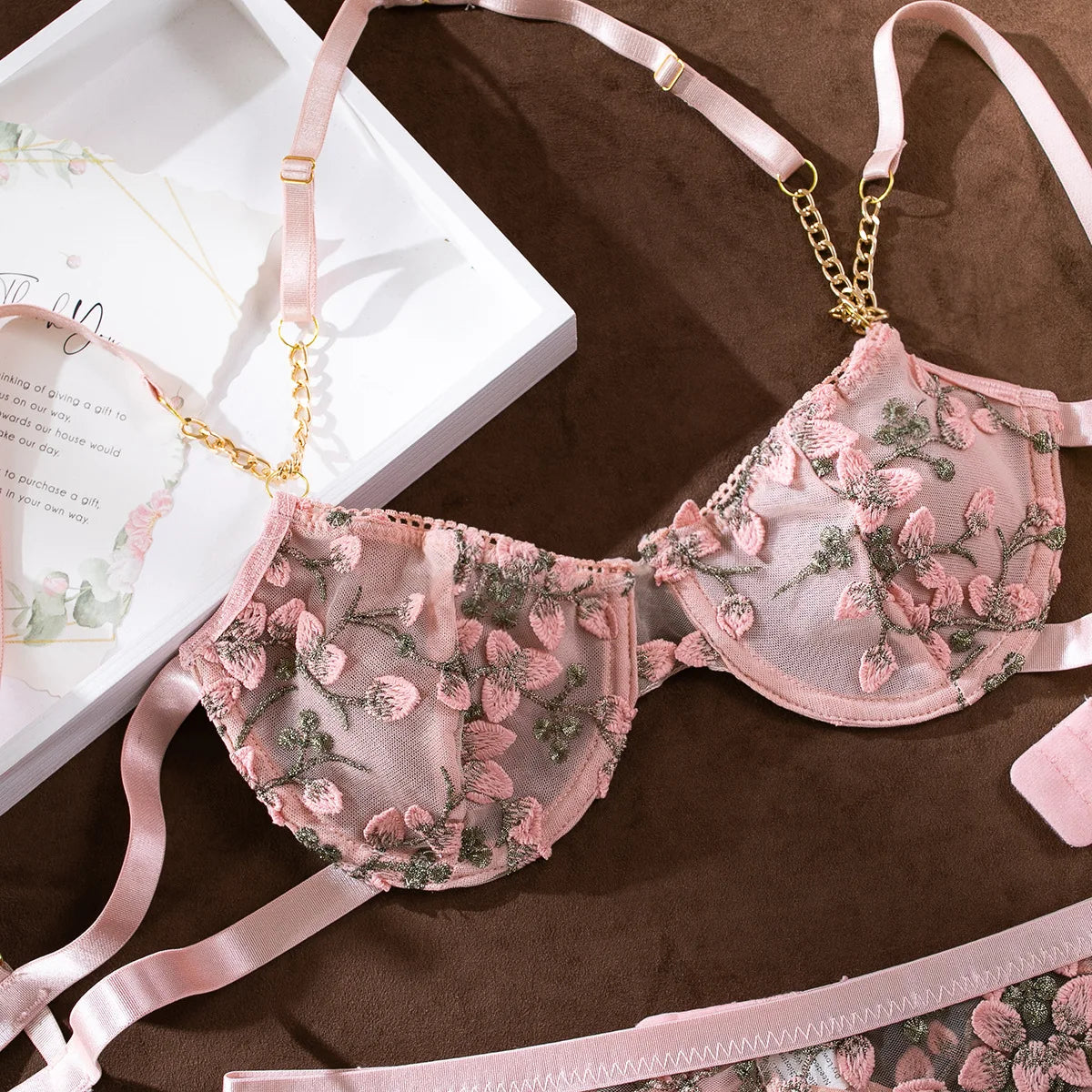 Floral Fetish: Embroidered Flower & Sexy Chain Lingerie Set 4pc. 🌺🌷