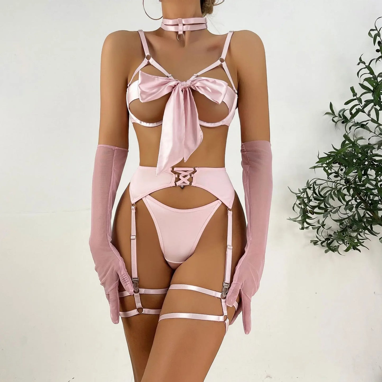 Rebel Temptation: Sexy Bandage Hollow-Out Lingerie Set with Long Gloves