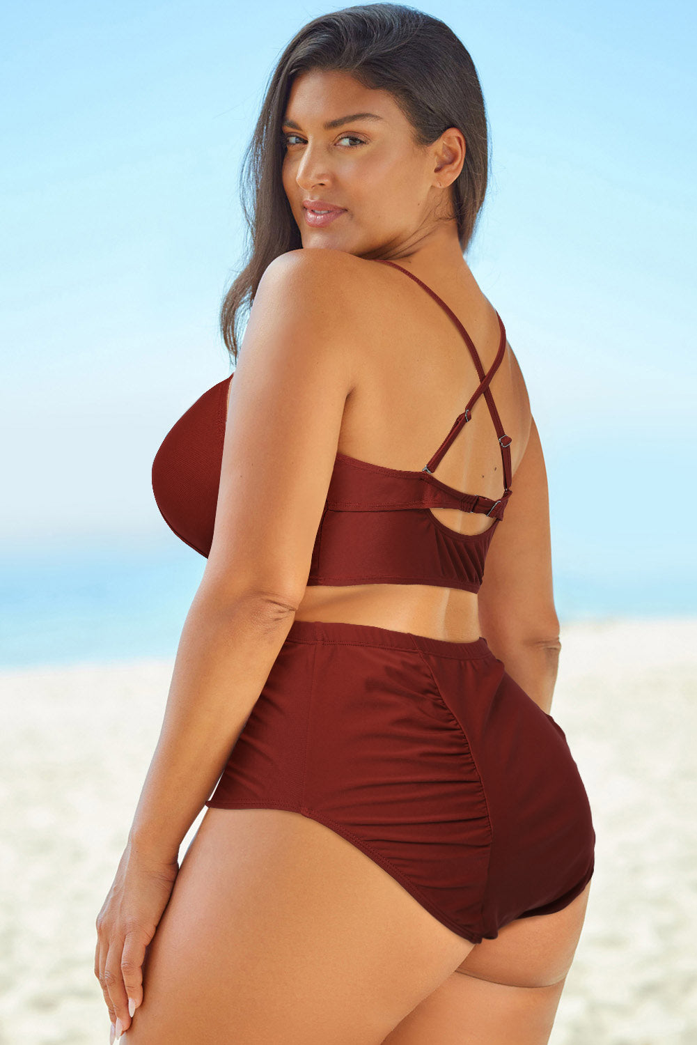 Siren's Allure: Plus Size Crisscross Neck Two-Piece High Waist Swimsuit