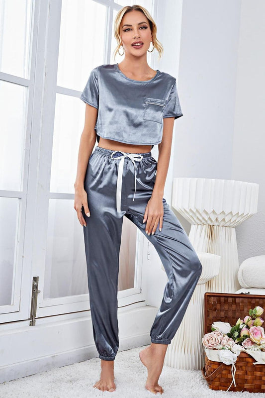 Satin Crop Top & Joggers Lounge Set